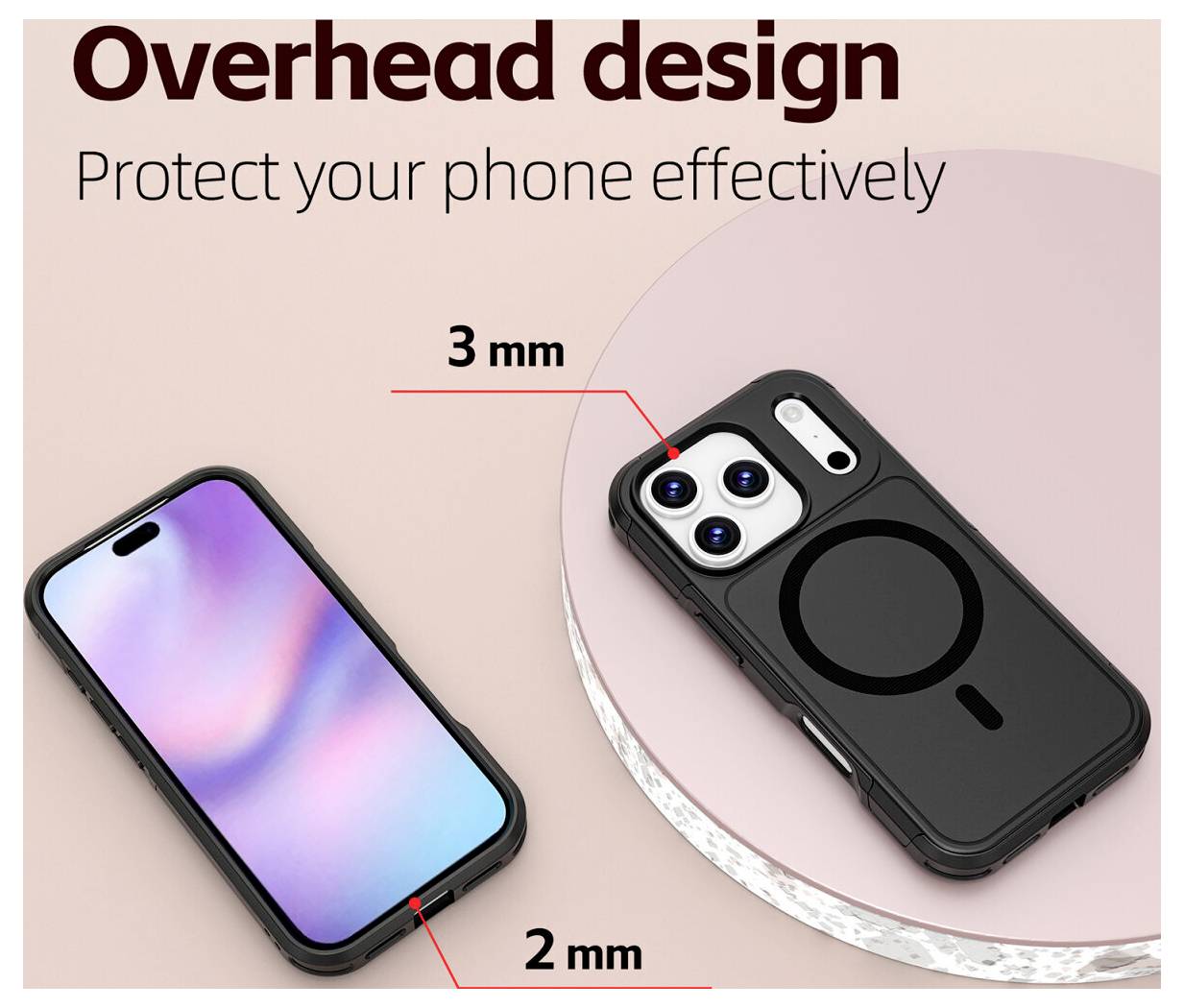 Overhead-Design<br>Schützen Sie Ihr Telefon effektiv<br>Ein Telefon und Gehäuse mit 3 mm Kameralippe und 2 mm Kantenstärke.
