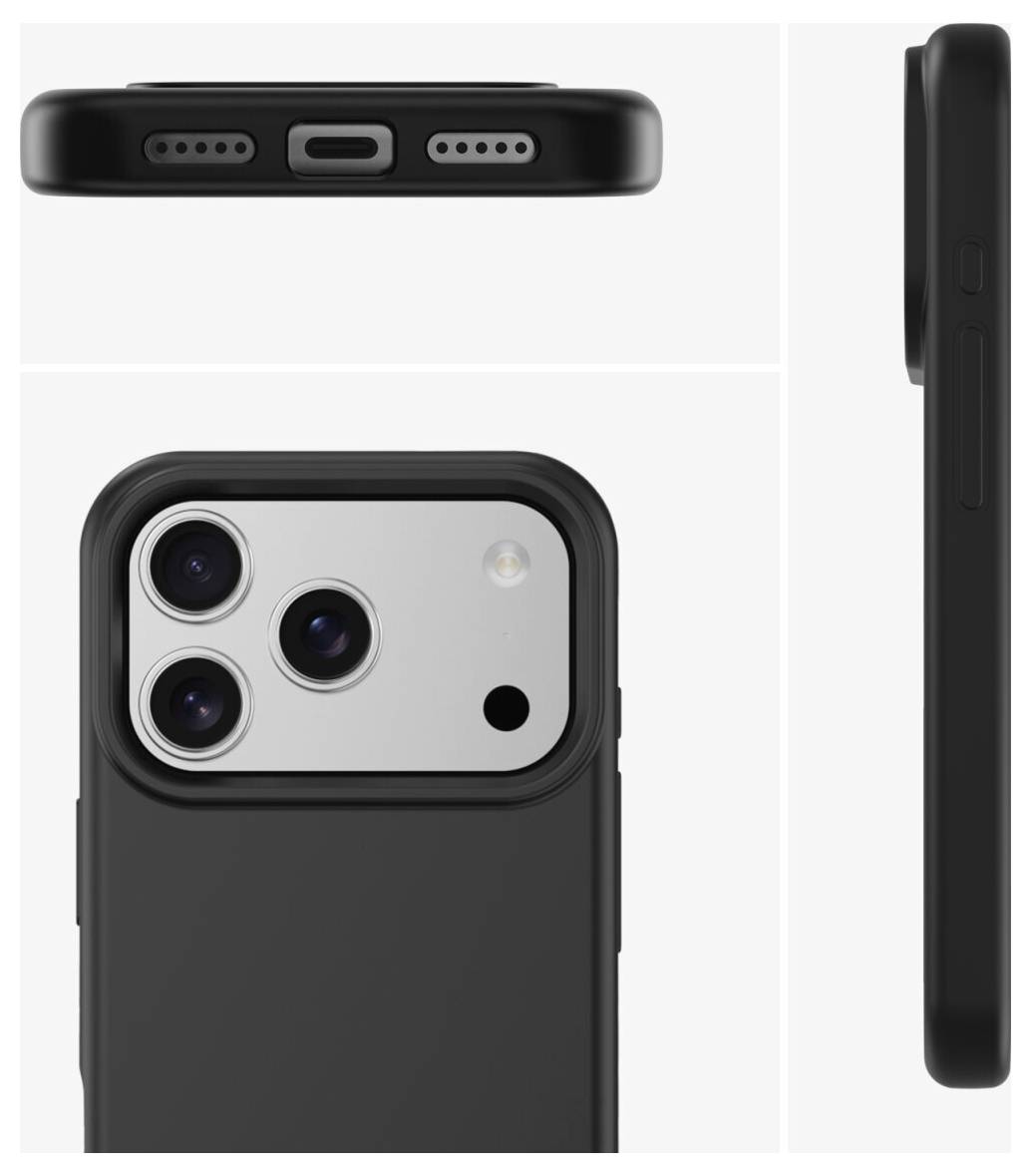 Schwarze Smartphone-Schutzhülle mit erhöhtem Kameraausschnitt, gezeigt in Front- und Seitenansicht mit unteren Anschluss- und Lautsprecheröffnungen.