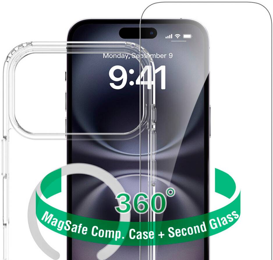 Transparente MagSafe-kompatible iPhone-Hülle mit Displayschutz, gezeigt in Front- und Seitenansicht, mit der Beschriftung „360° MagSafe-kompatible Hülle + Second Glass".