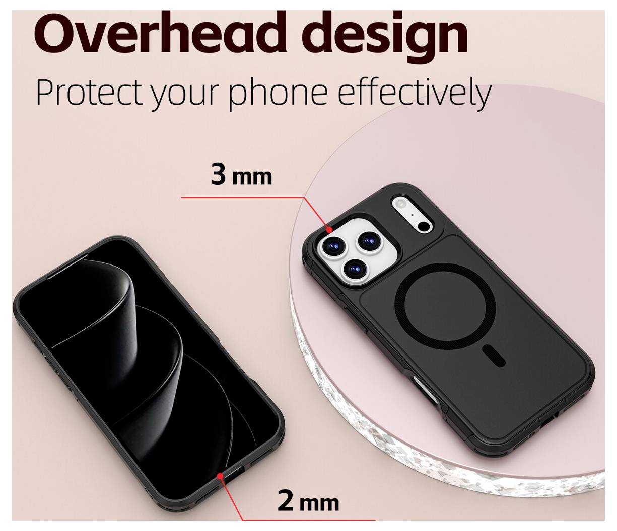 Handyhülle-Anzeige mit „Overhead-Design" und „Schützen Sie Ihr Telefon effektiv"; hebt die 3-mm-Kameralippe und den 2-mm-Kantenschutz an der schwarzen Hülle hervor.