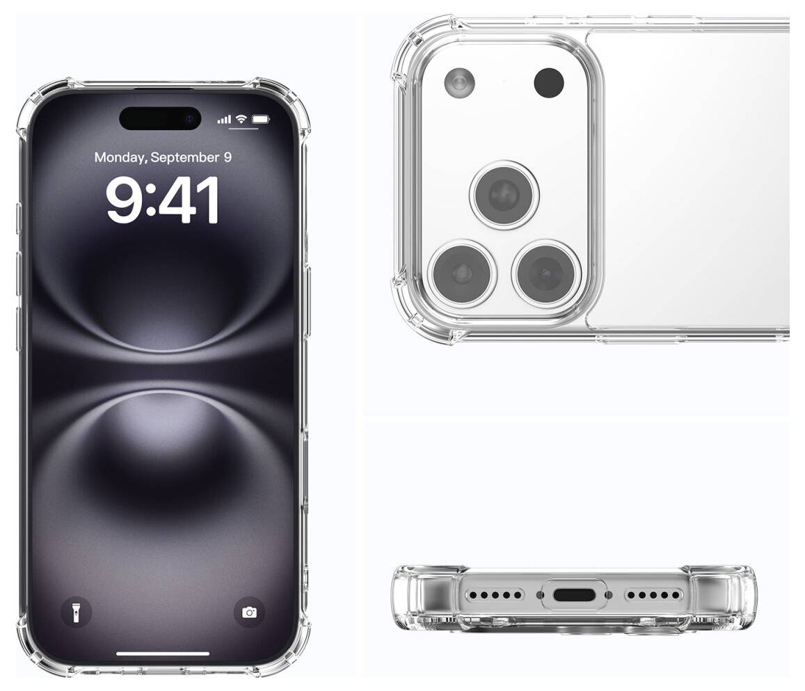 Transparentes iPhone von vorne, hinten und von unten gezeigt, das ein transparentes Schutzcase und das Triple-Kamera-Design hervorhebt.
