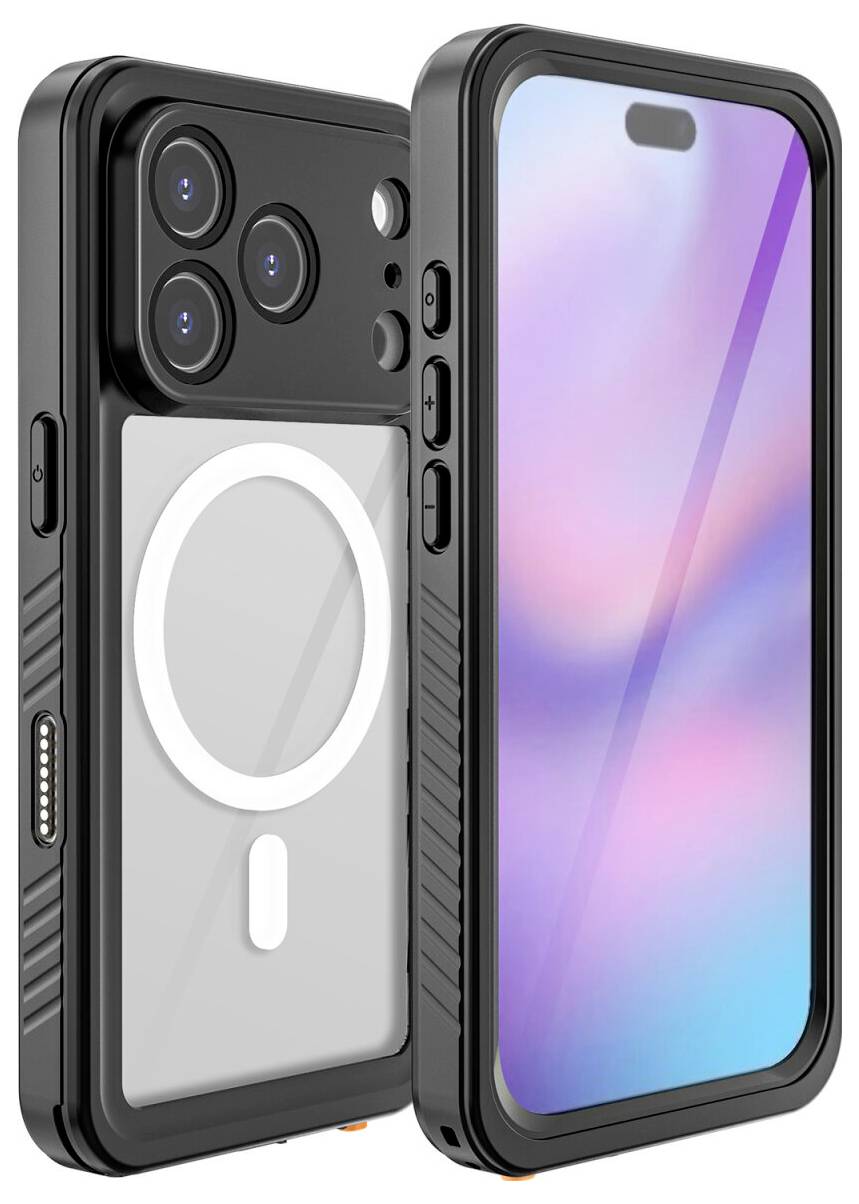 Schwarze robuste Smartphone-Hülle von vorne und hinten gezeigt, mit integriertem MagSafe-ähnlichem Magnetring und schützendem Kameraausschnitt auf einer Telefon-Display-Mockup.