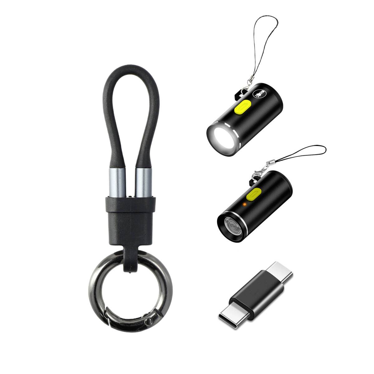 Multifunktionale Schlüsselbund-Taschenlampe und Kabel mit Schleifenriemen, gezeigt mit zwei Beleuchtungsmodi und einem USB-C-Adapter.