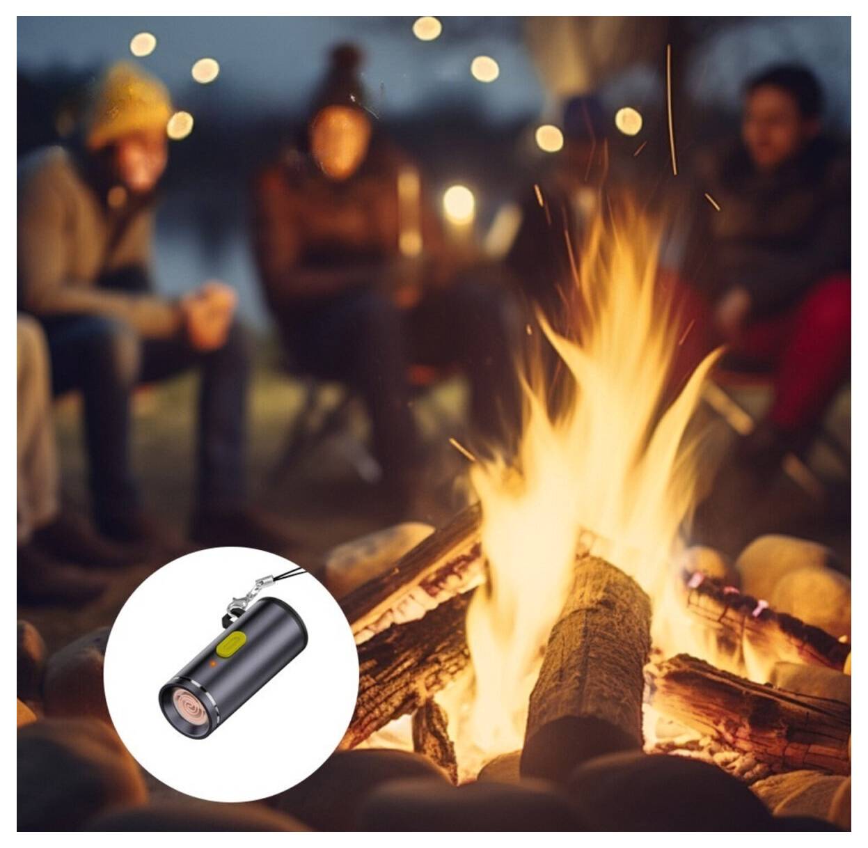 Menschen sitzen bei Einbruch der Dämmerung um ein Lagerfeuer herum, mit einem Detailbild einer tragbaren schwarzen Taschenlampe.