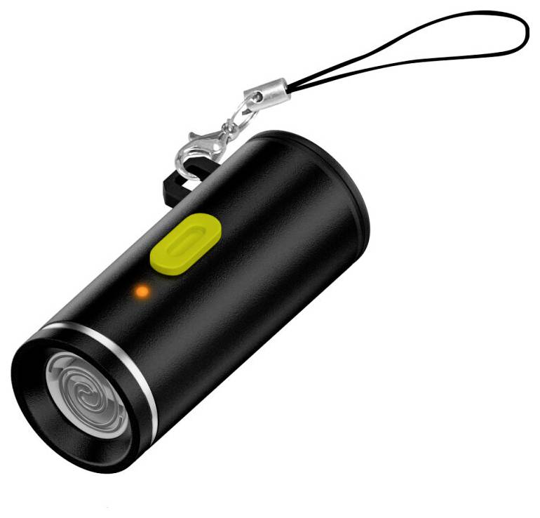 Schwarze zylindrische Taschenlampen-Schlüsselanhänger mit gelbem Netzschalter, orangefarbener Anzeigelampe und Handgelenkschlaufe auf weißem Hintergrund