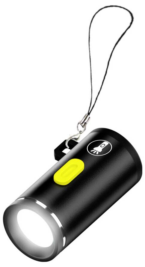 Schwarze Taschenlampen-Schlüsselanhänger mit hellem Frontlicht und gelbem Einschaltknopf an einem Handgelenkband.