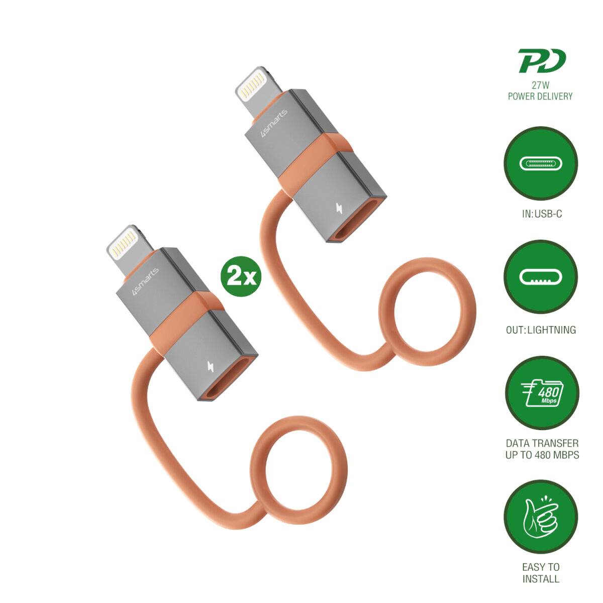 Produktgrafik mit zwei orangefarbenen USB-C-auf-Lightning-Adapterkabeln, gekennzeichnet mit "2x" und Symbolen für 27W Power Delivery, 480 Mbps Datentransfer und einfache Installation.