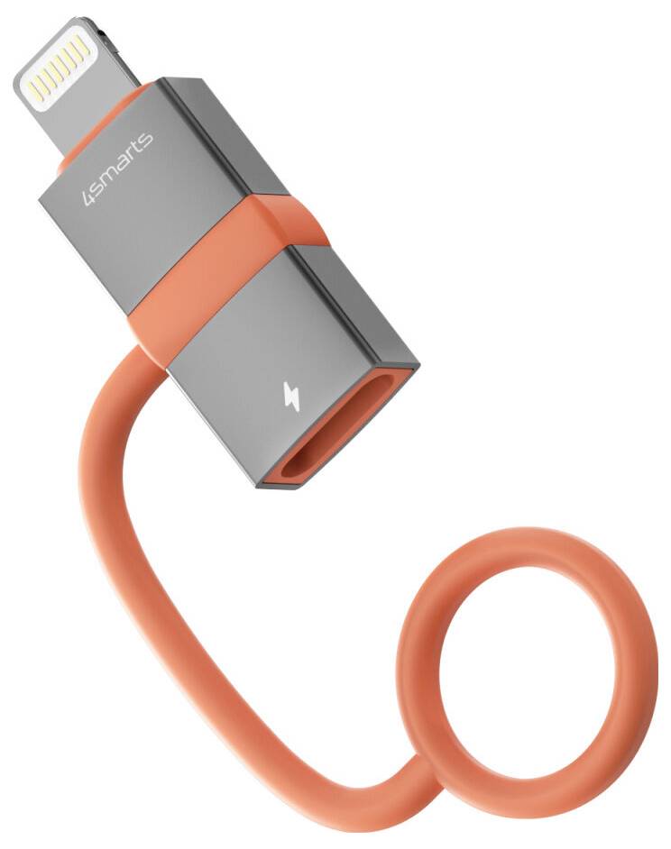 Orange aufgerolltes Ladekabel mit Lightning-Anschluss und grauem/orangefarbenem Adapter mit der Bezeichnung „4smarts" auf weißem Hintergrund.