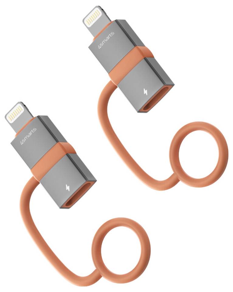 Zwei orange USB-C-auf-Lightning-Kabel mit grauen Anschlüssen auf weißem Hintergrund abgebildet.