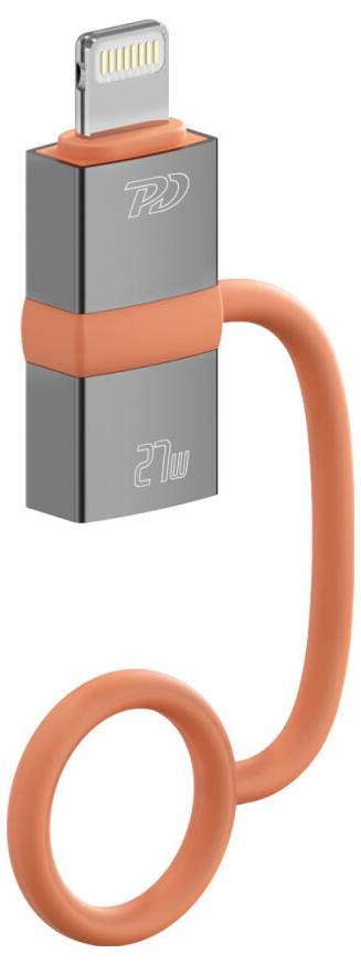 Orange einziehbares Ladekabel mit Lightning-Anschluss und kompakte graue Kabelrolle.