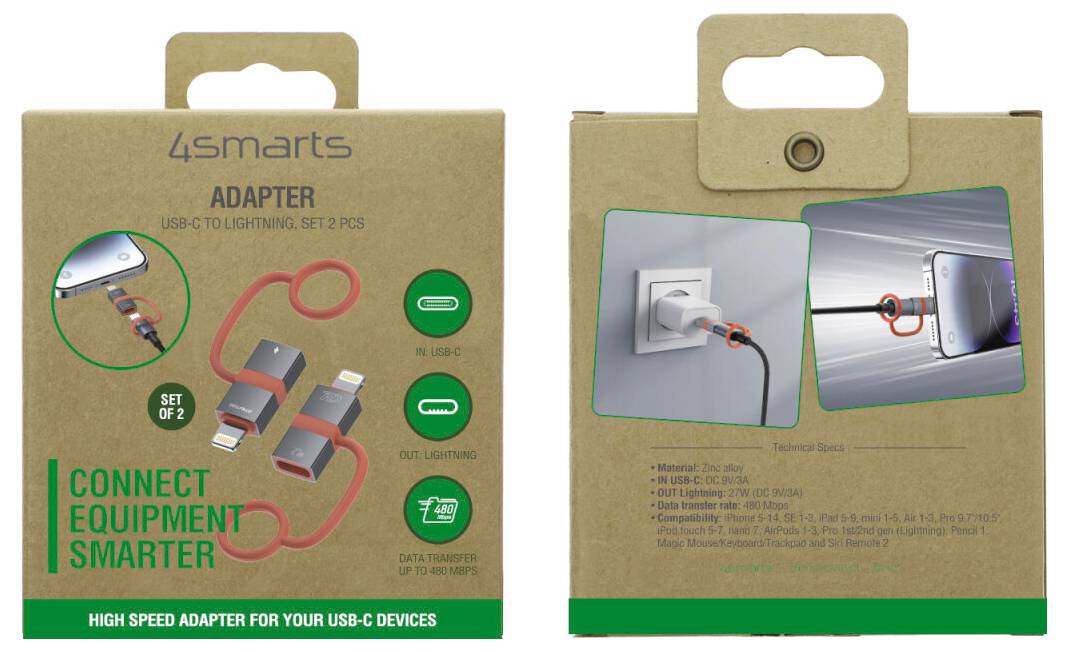 Vorderseite und Rückseite der 4Smarts USB-C-Adapter-Verpackung, die USB-C auf Lightning und USB-C auf USB-C Kabel zum Verbinden von Geräten zeigt.