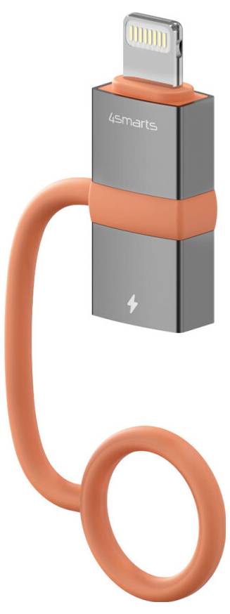 Oranges Ladekabel mit Lightning-Anschluss und grauem 4smarts-Adapter, aufgerollt auf weißem Hintergrund dargestellt.