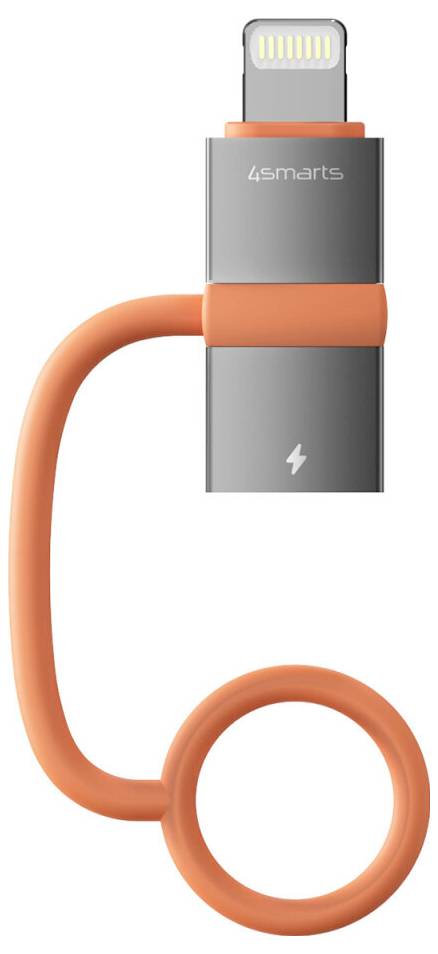 Oranges Blitz-Ladekabel, zu einer Schleife aufgerollt, mit einem grauen 4smarts-Stecker und Lightning-Anschluss an der Oberseite.