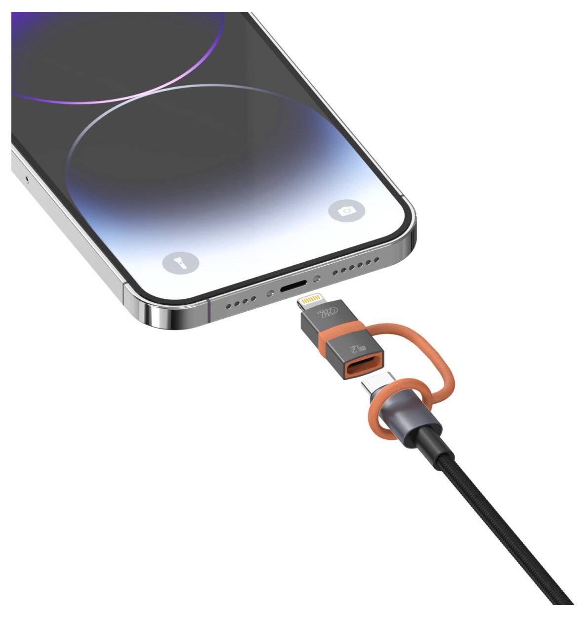 Smartphone mit einem USB-C-Adapter, der mit dem Ladeanschluss verbunden ist und ein Kabel zeigt, das für Daten- oder Stromübertragung in das Telefon eingesteckt ist.
