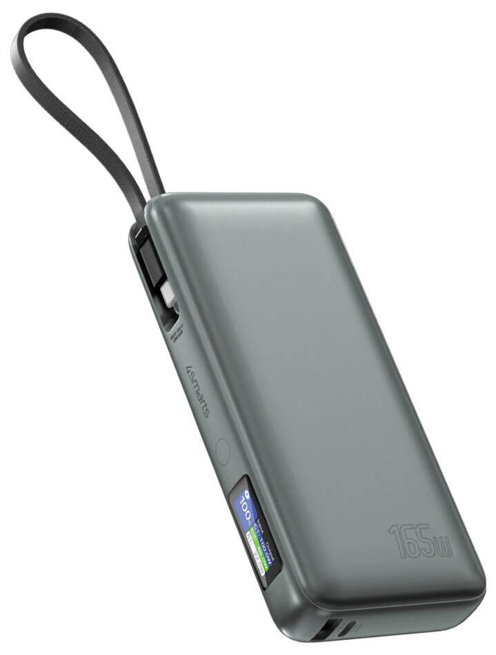 Schwarze tragbare Powerbank mit integrierter Schlaufenband und kleinem Batterieanzeige-Display, schräg auf weißem Hintergrund dargestellt.