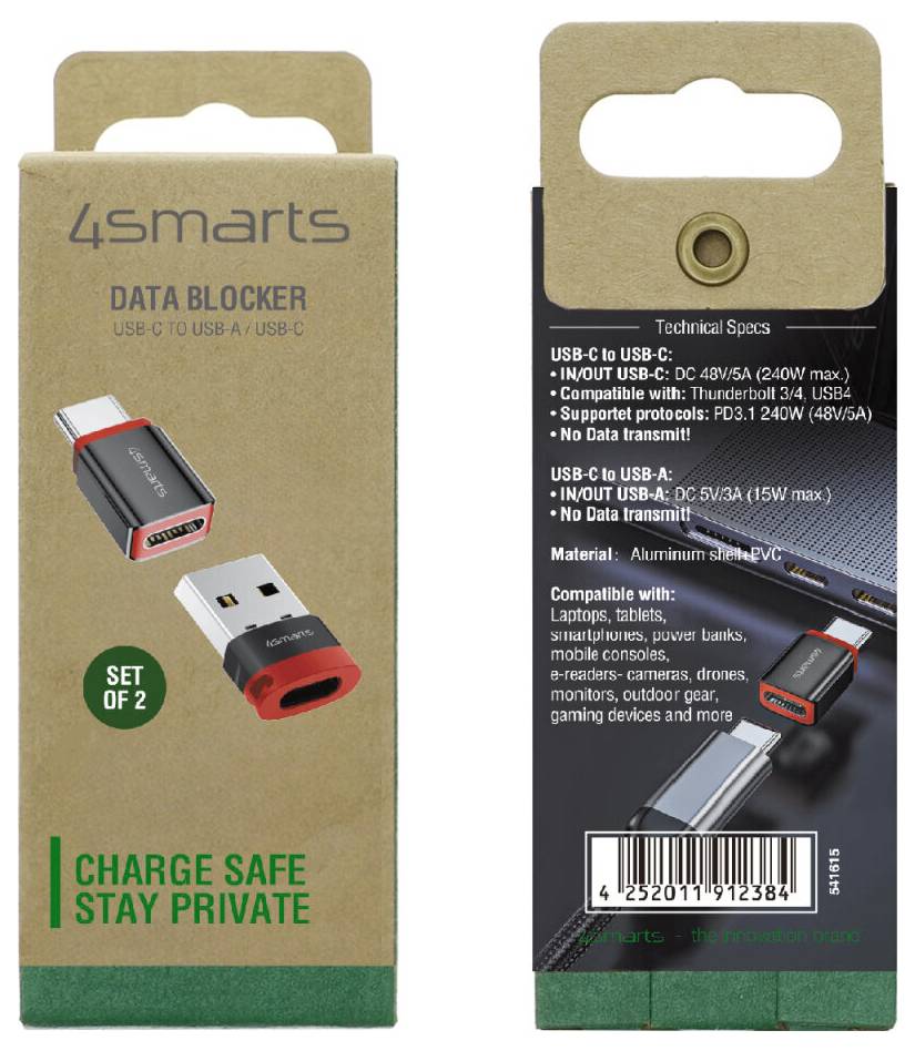 Verpackung für einen 4smarts Datenblocker mit zwei USB-C zu USB-C und USB-C zu USB-A Adaptern mit der Aufschrift „Sicher laden, privat bleiben."