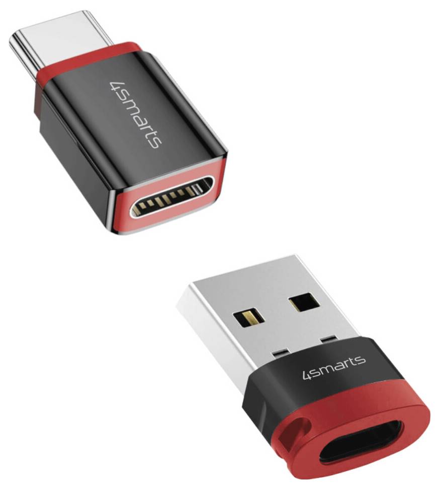 Zwei 4smarts USB-C-Adapterstecker auf weißem Hintergrund gezeigt: einer mit USB-C-Stecker und einer mit USB-A-Stecker.