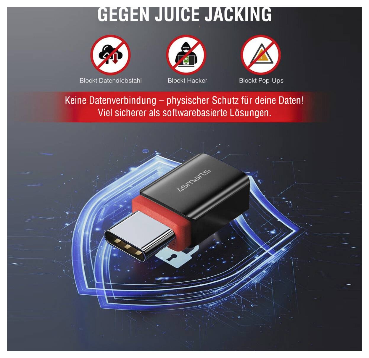 # Promotion für USB-Datenschutz-Blocker<br><br>**GEGEN JUICE JACKING**<br><br>Symbole für:<br>- Blockierung von Datendiebstahl<br>- Schutz vor Hackern<br>- Pop-up-Blockierung<br><br>Abgebildet:<br>- USB-C-Adapter<br>- Schutzschild-Grafik