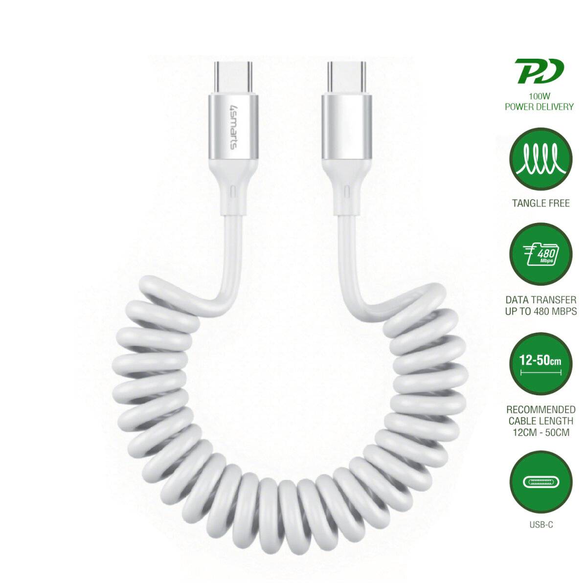 Weiß gewickeltes USB-C-Ladekabel mit Metallsteckern, dargestellt mit Symbolen für 100W Stromlieferung, knotenfrei Design, bis zu 480 Mbps Übertragung und 12–50 cm Länge.
