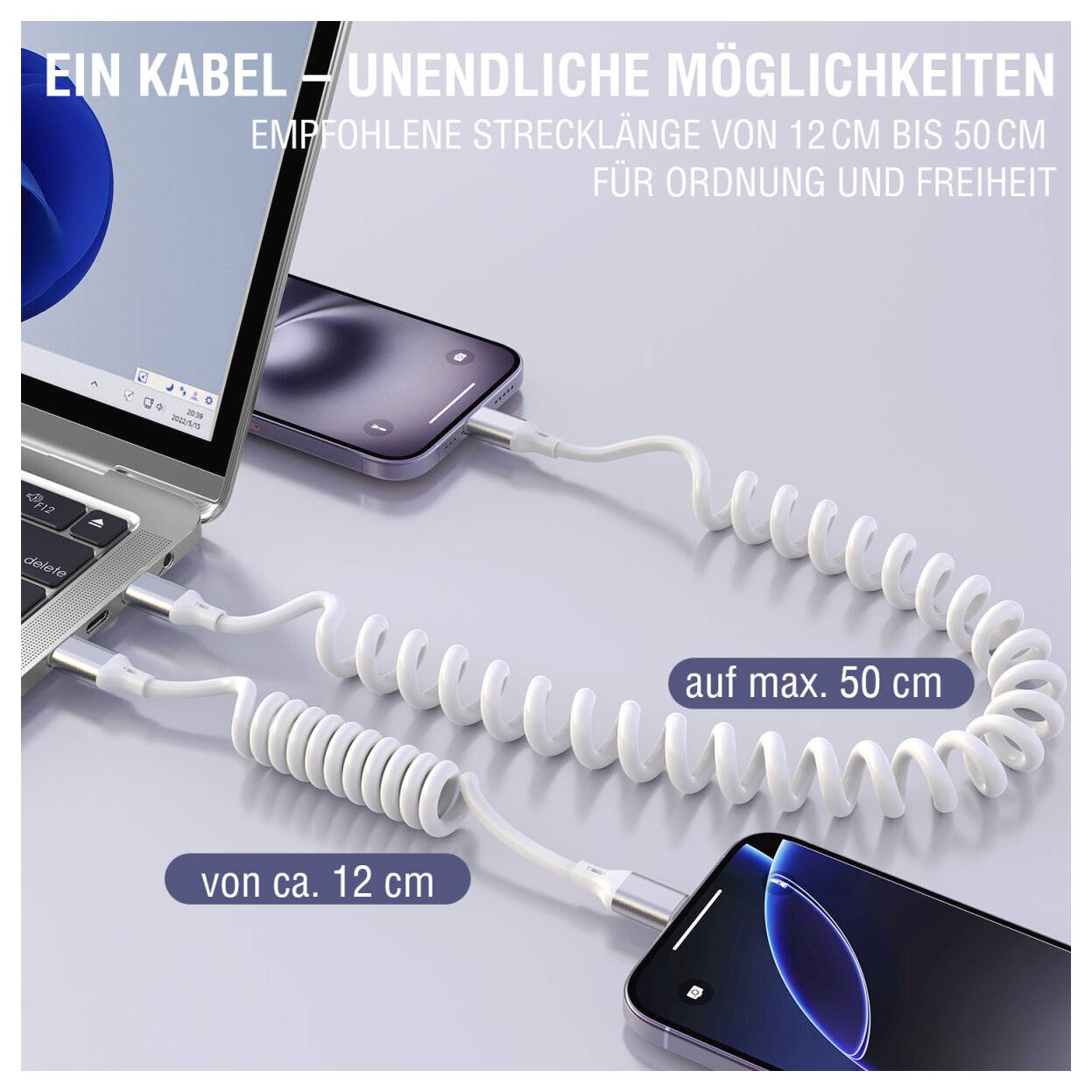 # Anzeige mit aufgerollten weißen USB-Kabeln, die einen Laptop und zwei Smartphones verbinden, mit deutschem Text, der die ideale Kabellänge von etwa 12 cm bis 50 cm für Ordnung und Freiheit bewirbt.