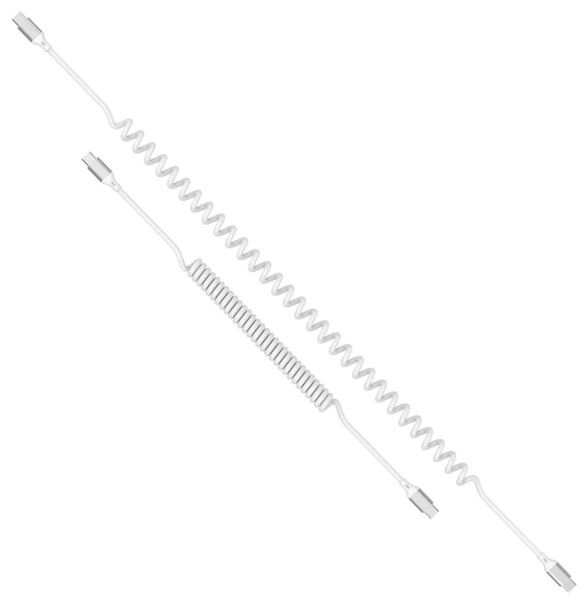 Zwei weiße aufgerollte Kabel mit Metallsteckern, eines lang und eines kürzer, diagonal auf einem schlichten weißen Hintergrund angeordnet.
