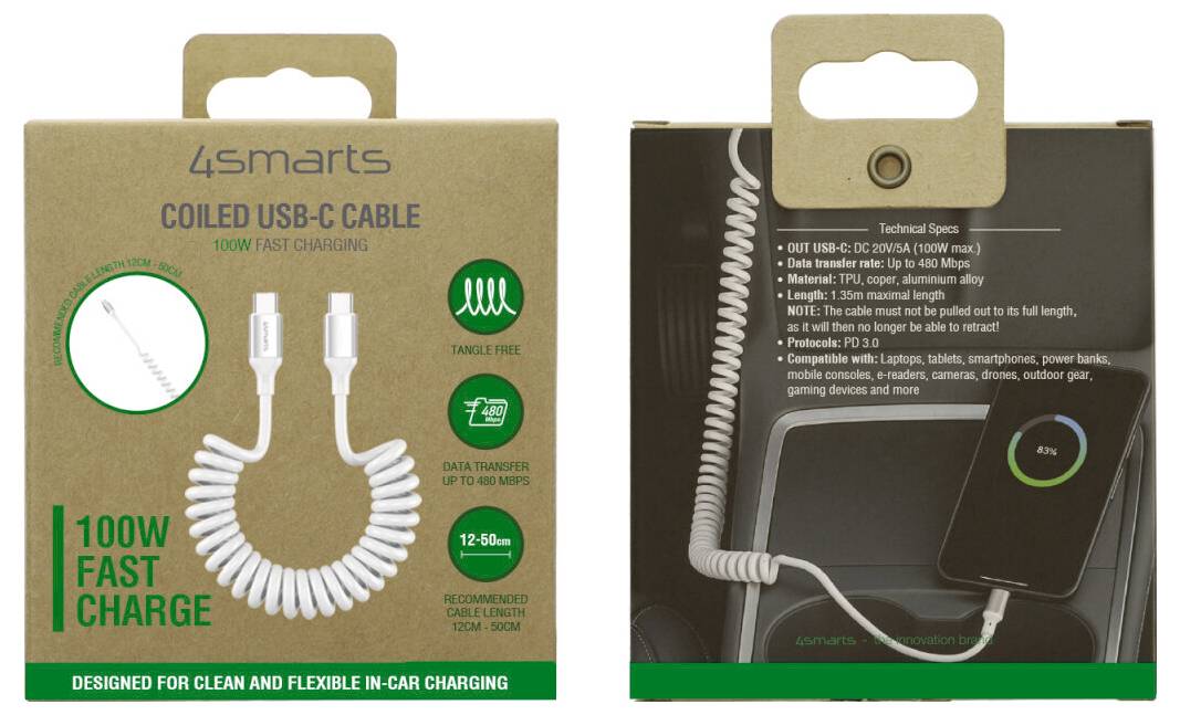 Zwei-Pack der 4smarts Spiral-USB-C-Kabel in Einzelhandelsverpackung, zeigt ein weißes Spiralkabel und Angaben zu 100W Schnellladung und Datenübertragung.