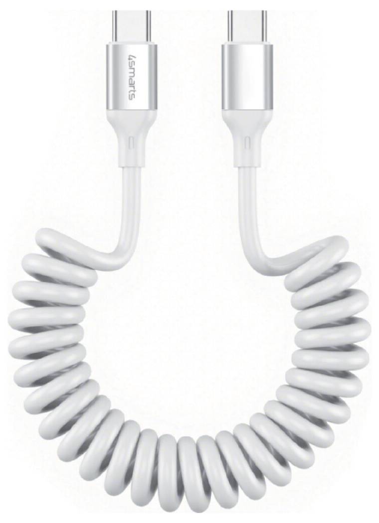 Weiß aufgerolltes USB-C-Kabel mit Metallverbindern, dargestellt vor einem einfachen hellen Hintergrund.
