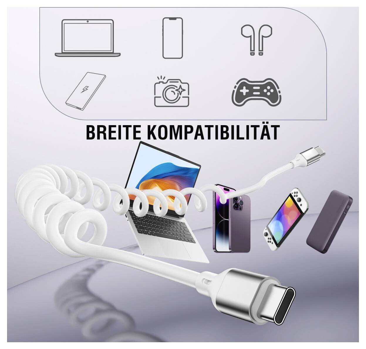 USB-C-Spiralkabel mit Adaptern, mit der Kennzeichnung „BREITE KOMPATIBILITÄT", zeigt die Kompatibilität mit Laptops, Telefonen, Kopfhörern, Kamera und Game-Controller.