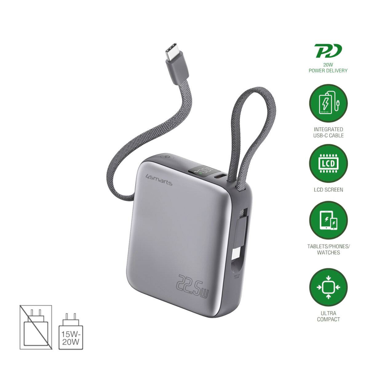 Tragbare 22,5-W-Powerbank mit integriertem USB-C-Kabel, LCD-Display und ultrakompaktor Ausführung; Symbole heben PD, Gerätekompatibilität und 15W-20W-Ladefunktion hervor.