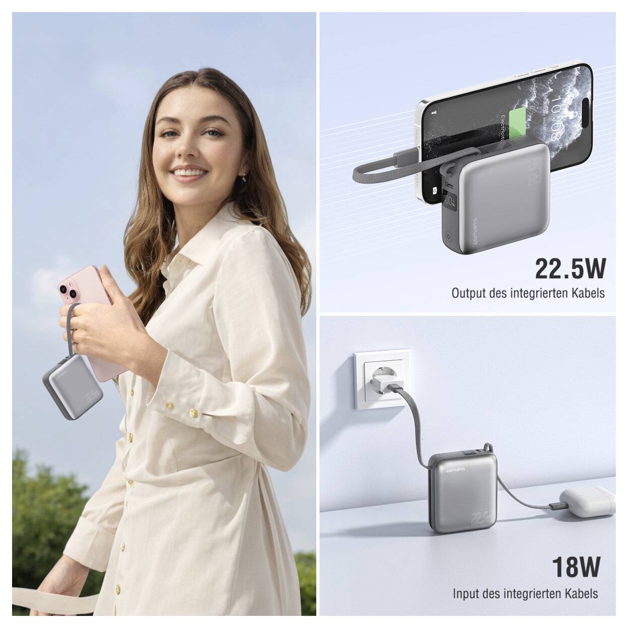 Werbebild einer Frau, die eine kompakte Powerbank hält, mit Nahaufnahmen, die integrierte Kabel und das Aufladen über eine Wandsteckdose zeigen; Beschriftungen zeigen „22,5W" und „18W".