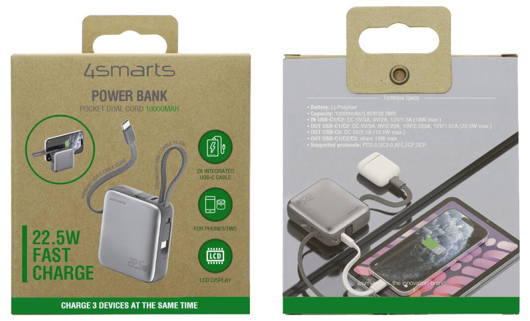 Zwei 4smarts Power-Bank-Verpackungsboxen mit einer 10000-mAh-Taschendual-Powerbank, USB-C-Kabel, LCD-Display und gleichzeitigem Laden mehrerer Geräte.