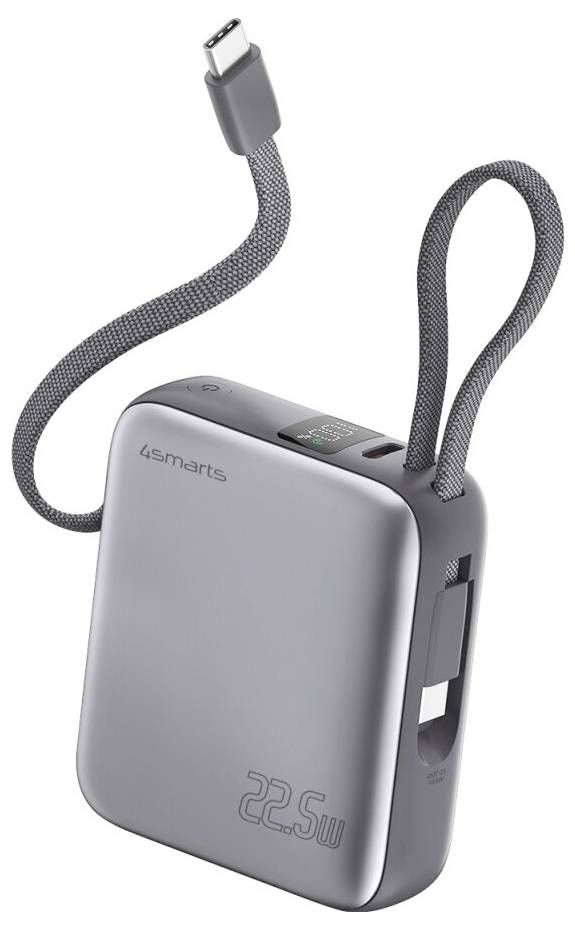 Kompakter grauer 4smarts 22,5W USB-C Powerbank mit geflochtenem angeschlossenem Kabel und integriertem seitlichem Powerbank-Griff.