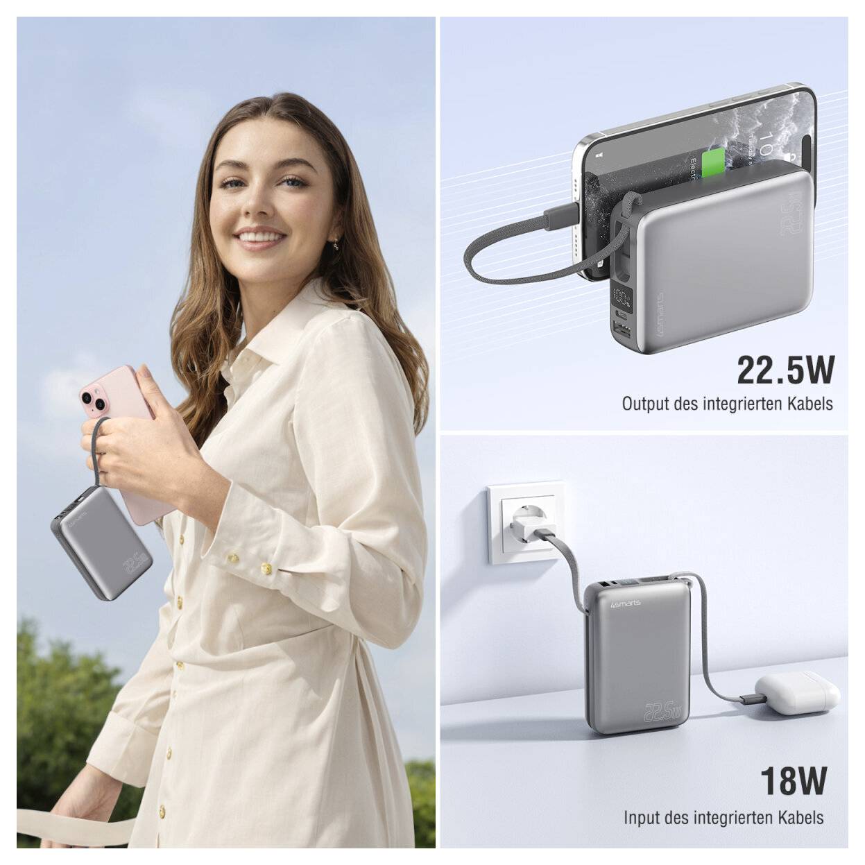 Werbebild einer Frau, die eine kompakte Powerbank hält, zusammen mit Nahaufnahmen, die integrierte Kabel und Ladeleistungsangaben zeigen: 22,5W Ausgangsleistung und 18W Eingangsleistung.