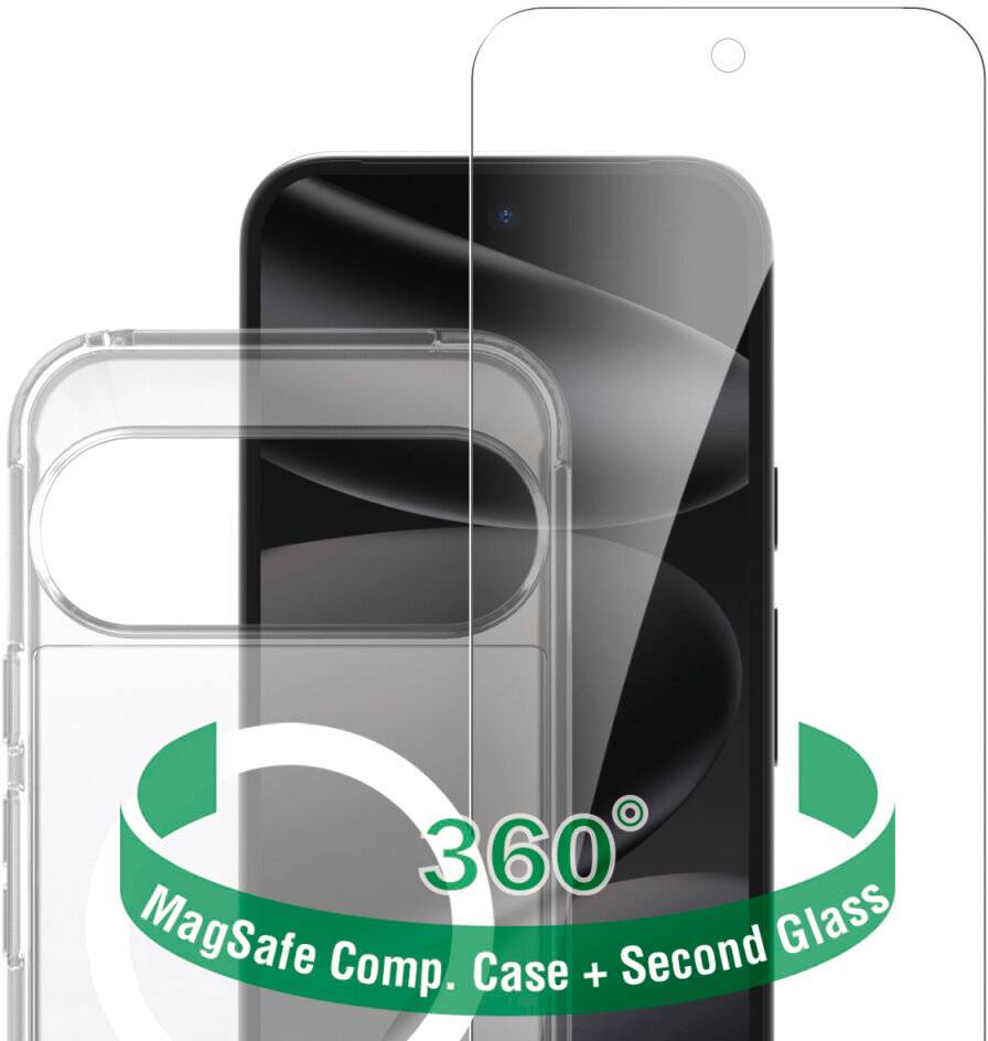 Bildschirmschutzfolie für Telefon und MagSafe-kompatible transparente Schutzhülle über einem Smartphone gezeigt, mit dem Text „360° MagSafe Komp. Hülle + zweite Glasfolie".