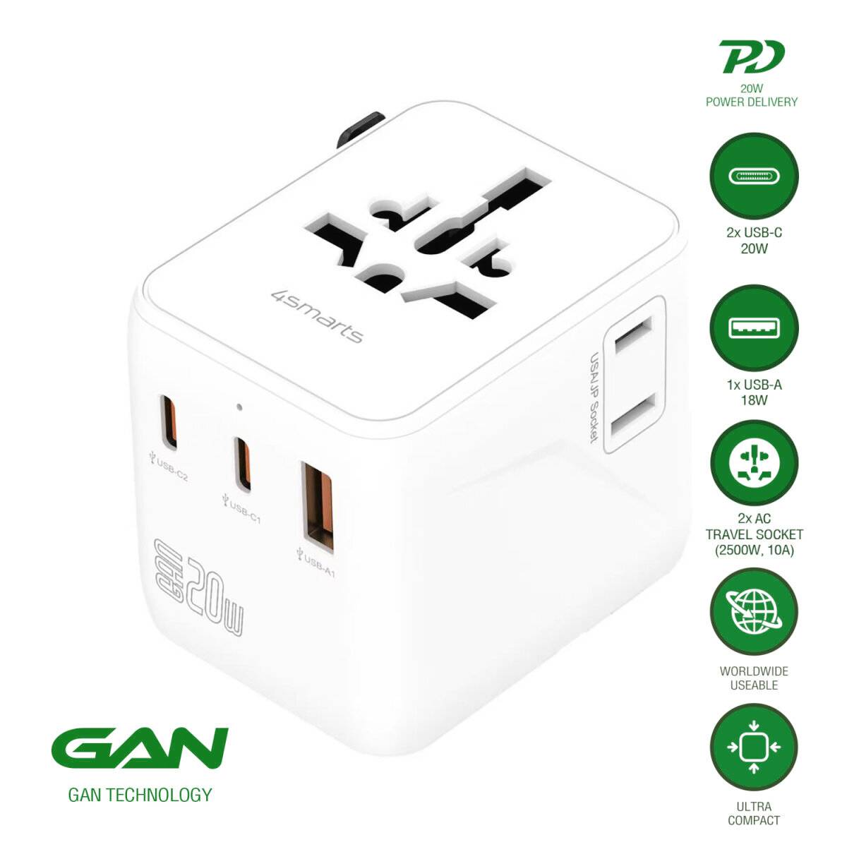 Weißer 20W Universal-Reiseadapter mit 2 USB-C-Anschlüssen, 1 USB-A-Anschluss und Stromsteckdose, gekennzeichnet mit „GAN TECHNOLOGY" und „WORLDWIDE USABLE".