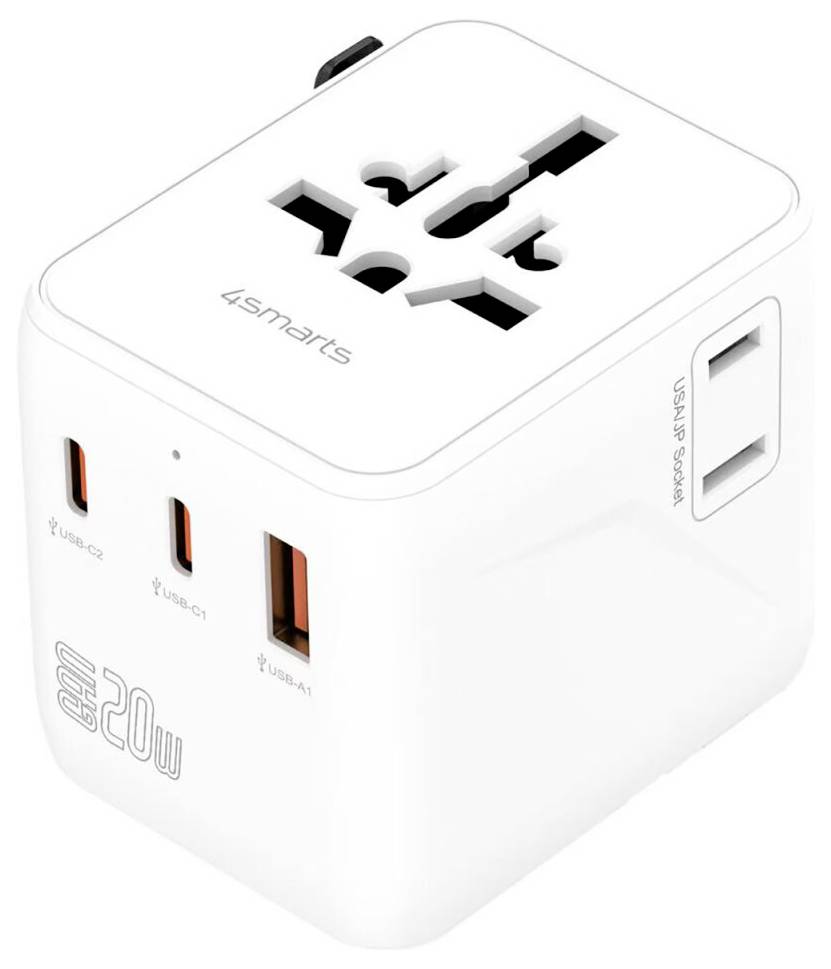 Weiße 4smarts Reiseadapterstecker mit universeller Steckdose oben und drei USB-Anschlüssen zum weltweiten Laden von Geräten.
