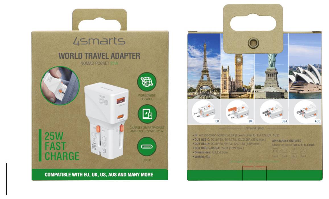 Verpackung für einen 25-W-Reiseadapter, von vorne und von hinten gezeigt, mit Bildern der internationalen Steckerkompatibilität, USB-Anschlüssen und Wahrzeichen der Welt.