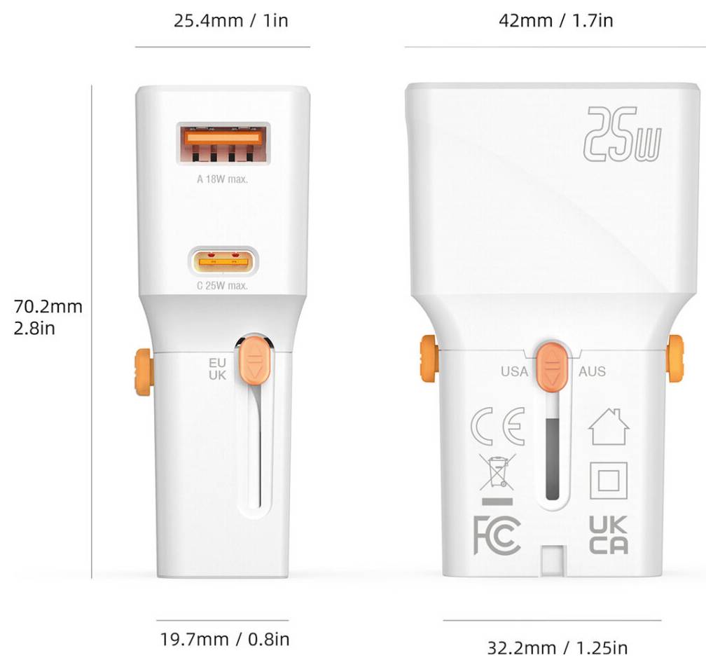 Produktmaßdiagramm mit einer weißen 25W USB-Wandladegerät von vorne und von der Seite: 70,2mm hoch, 32,2mm breit, 19,7mm tief, mit zwei USB-Anschlüssen und Steckeradapter-Wähler.