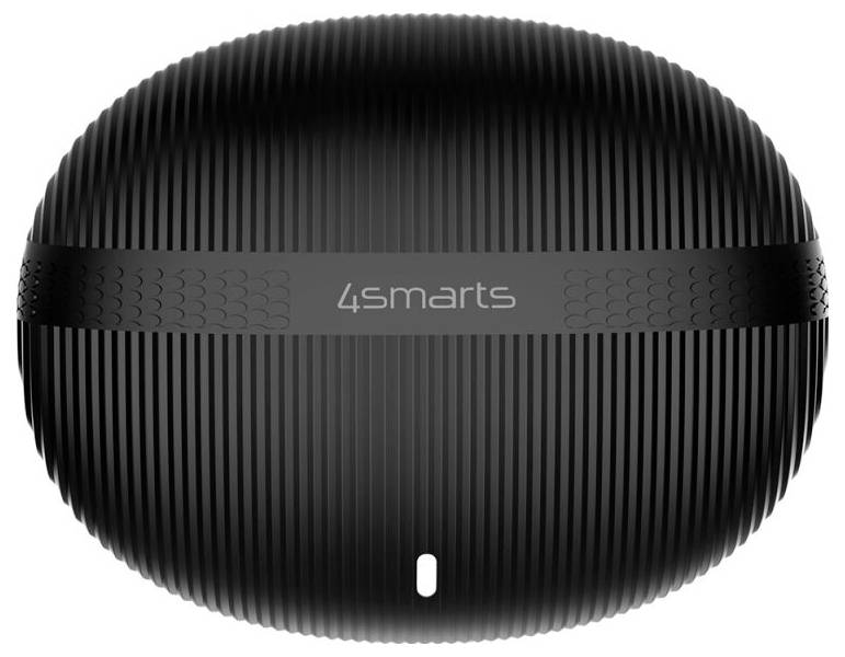 Schwarze 4smarts Wireless-Ladehülle mit geriffeltem Ovaldesign und zentriertem Logo auf weißem Hintergrund.