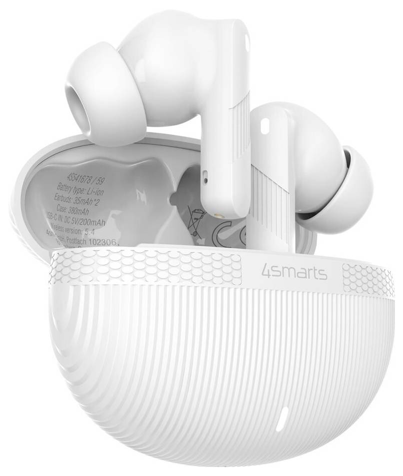 Weiße 4smarts True Wireless Earbuds in einem offenen Ladeetui, gezeigt in einer produktstilartigen Nahaufnahme.