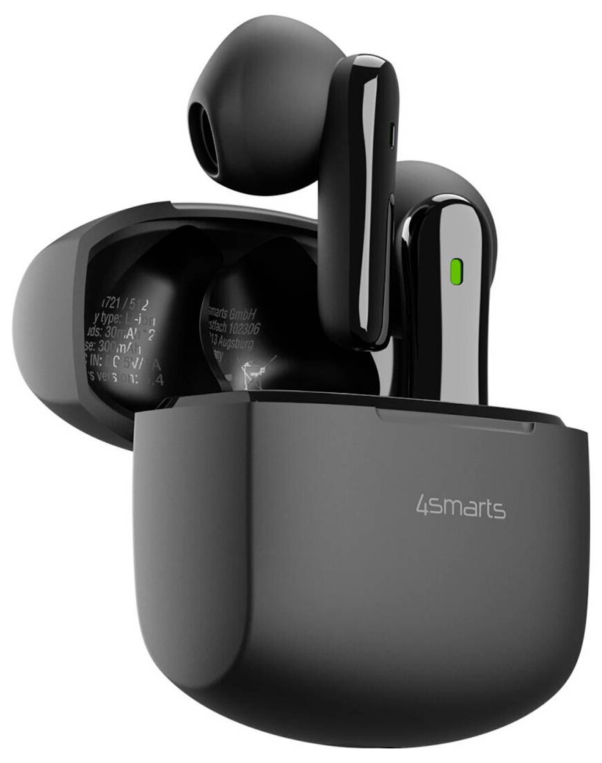 Schwarze kabellose Ohrhörer mit offener Ladeschale mit der Bezeichnung "4smarts".