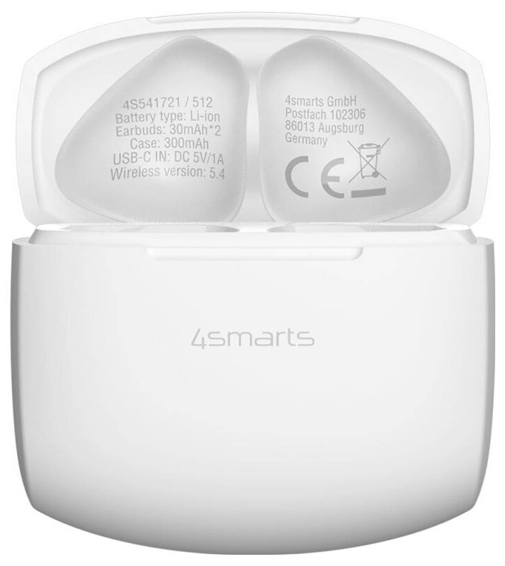 Weiße 4smarts kabellose Ohrhörer mit offener Ladeschale, auf deren Innenseite behördliche Informationen und Batteriedaten gedruckt sind.