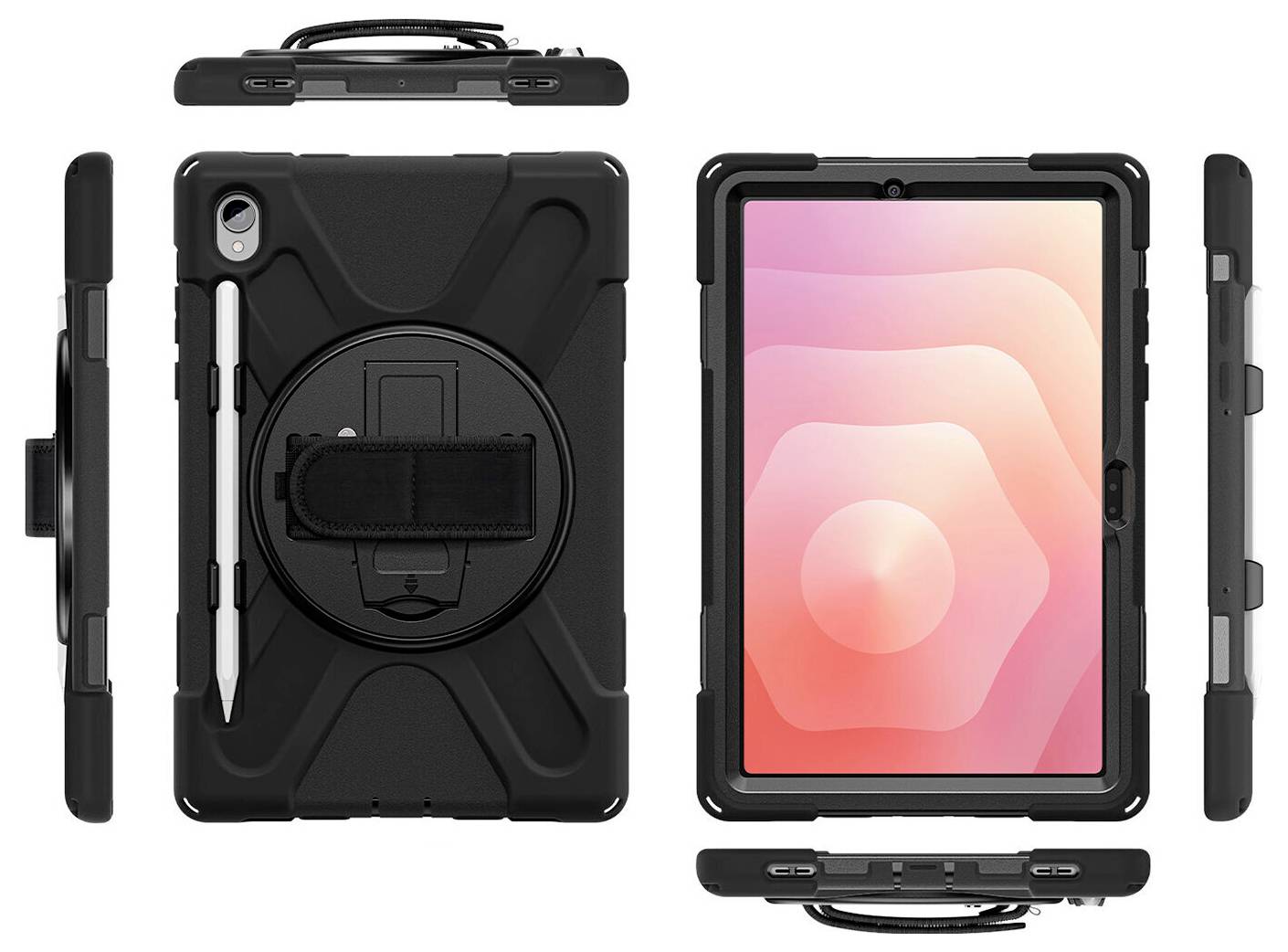 Robustes schwarzes Tablet-Case gezeigt von vorne, hinten und seitlichen Ansichten, mit integriertem Handgriff, Ständer und Stifthalter.