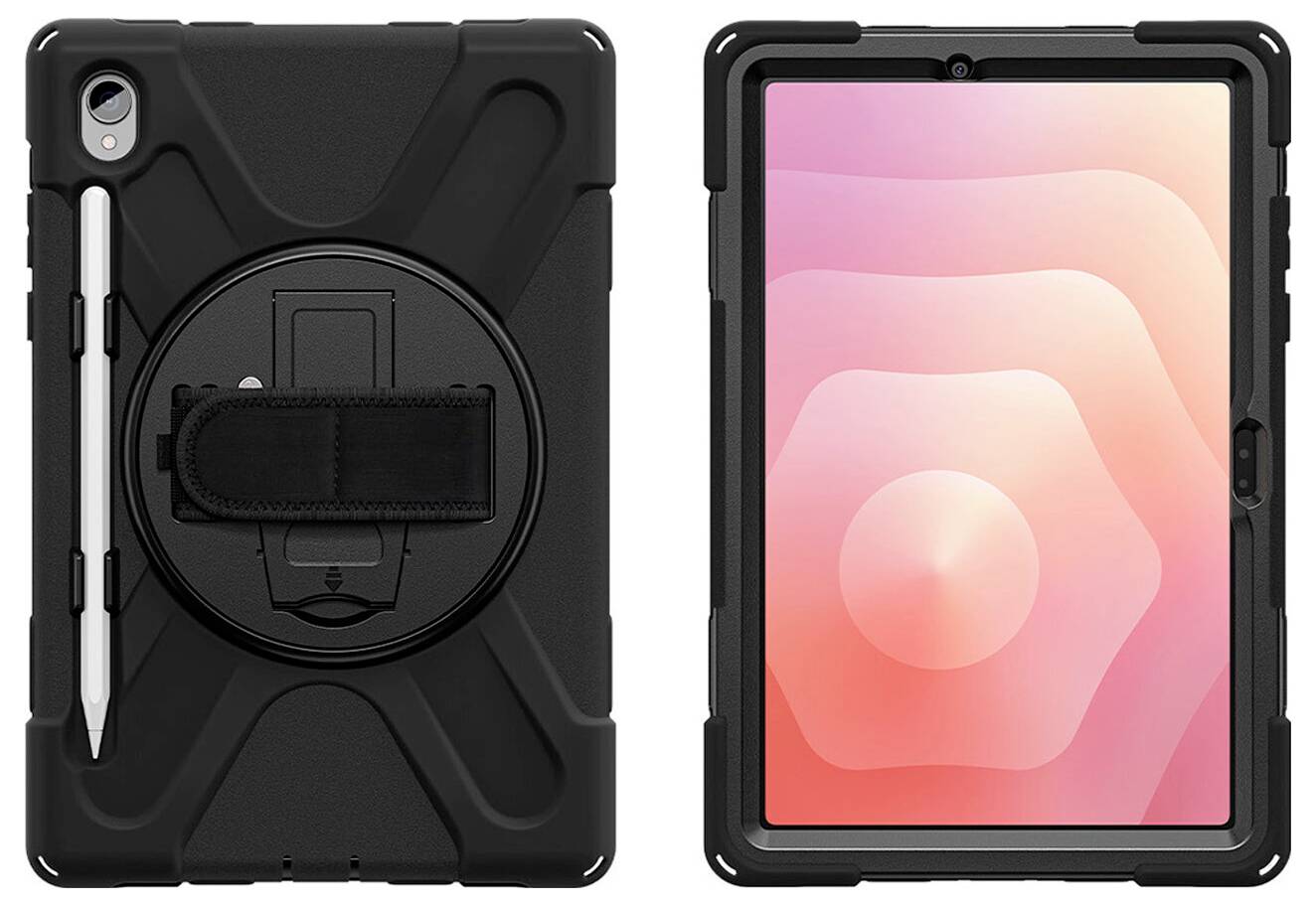 Robuste schwarze Tablet-Schutzhülle mit integriertem Handgriff und Apple-Pencil-Halter, von vorne und hinten um ein iPad herum dargestellt.