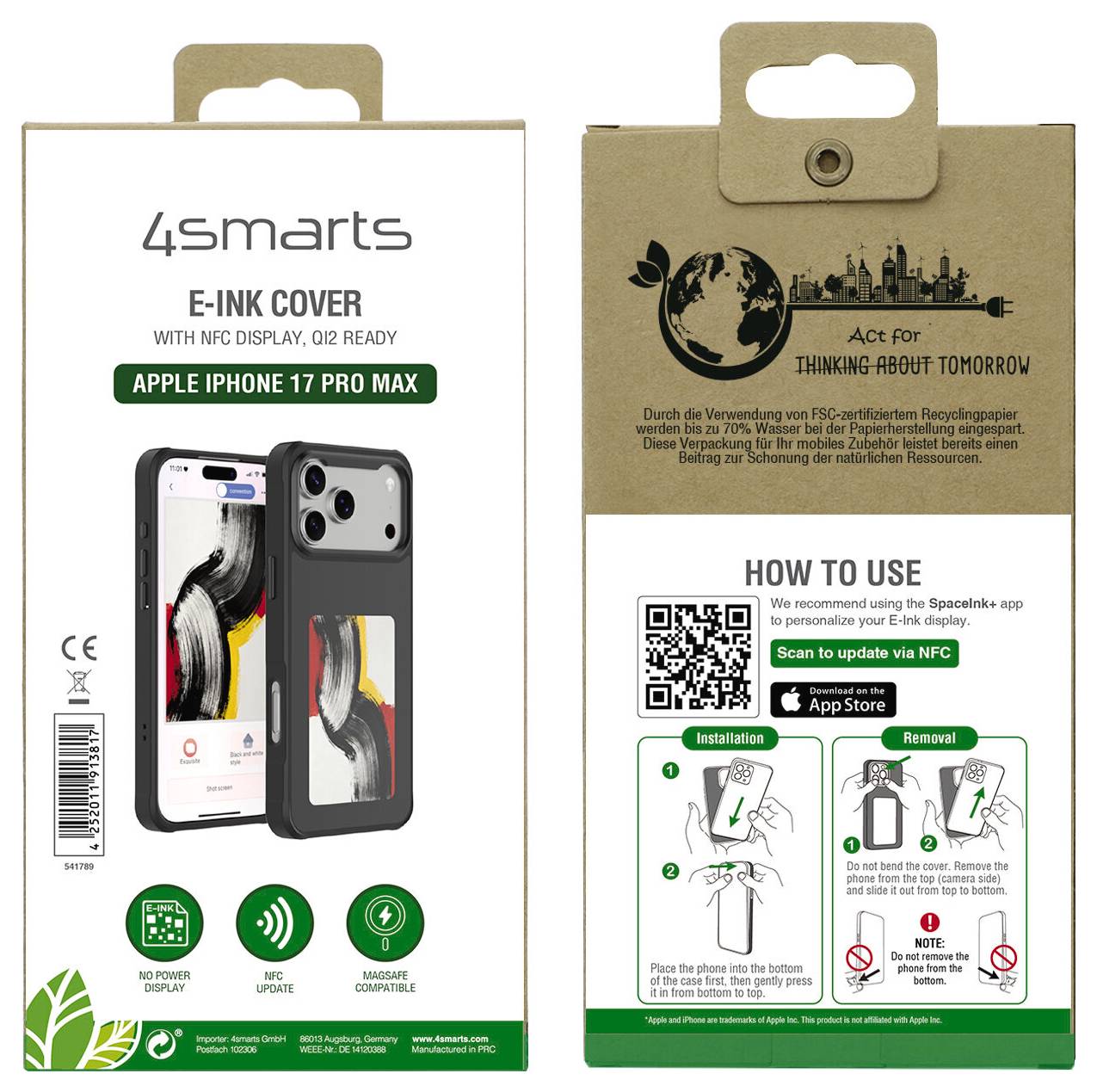 Verpackung für ein 4smarts E-Ink Cover für Apple iPhone 17 Pro Max, das das Gehäuse, NFC-Aktualisierungsanweisungen, QR-Code und Funktionen wie stromloses Display und MagSafe-Kompatibilität zeigt.