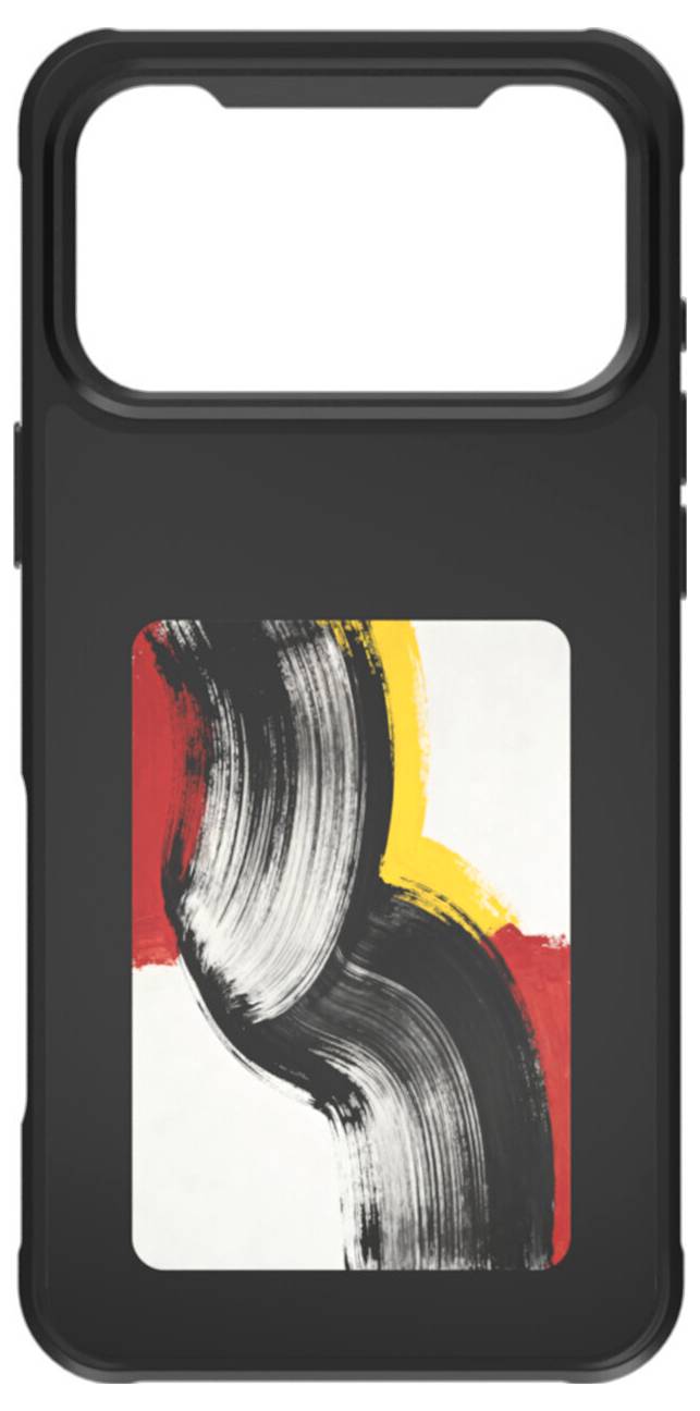 Schwarze Handyhülle mit rechteckigem Ausschnitt und abstraktem rot, gelb, schwarz und weiß Pinselstrich-Design auf der unteren Rückseite.