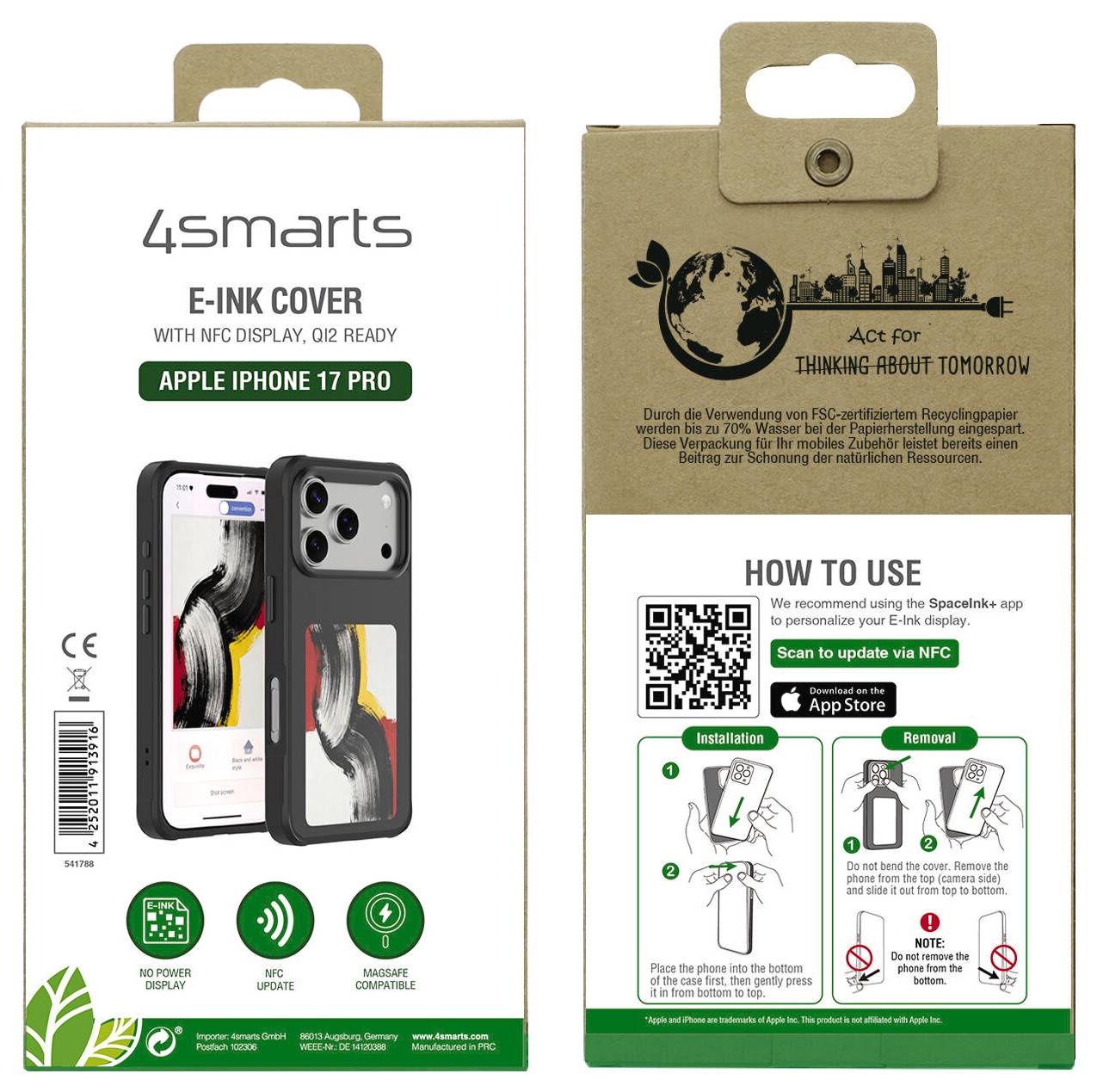 Verpackung für eine 4smarts E-INK Handyhülle für Apple iPhone 17 Pro, die die Vorder- und Rückseite mit „Anleitung" QR-Code, NFC-Einrichtung und Installations-/Entfernungsschritte zeigt.
