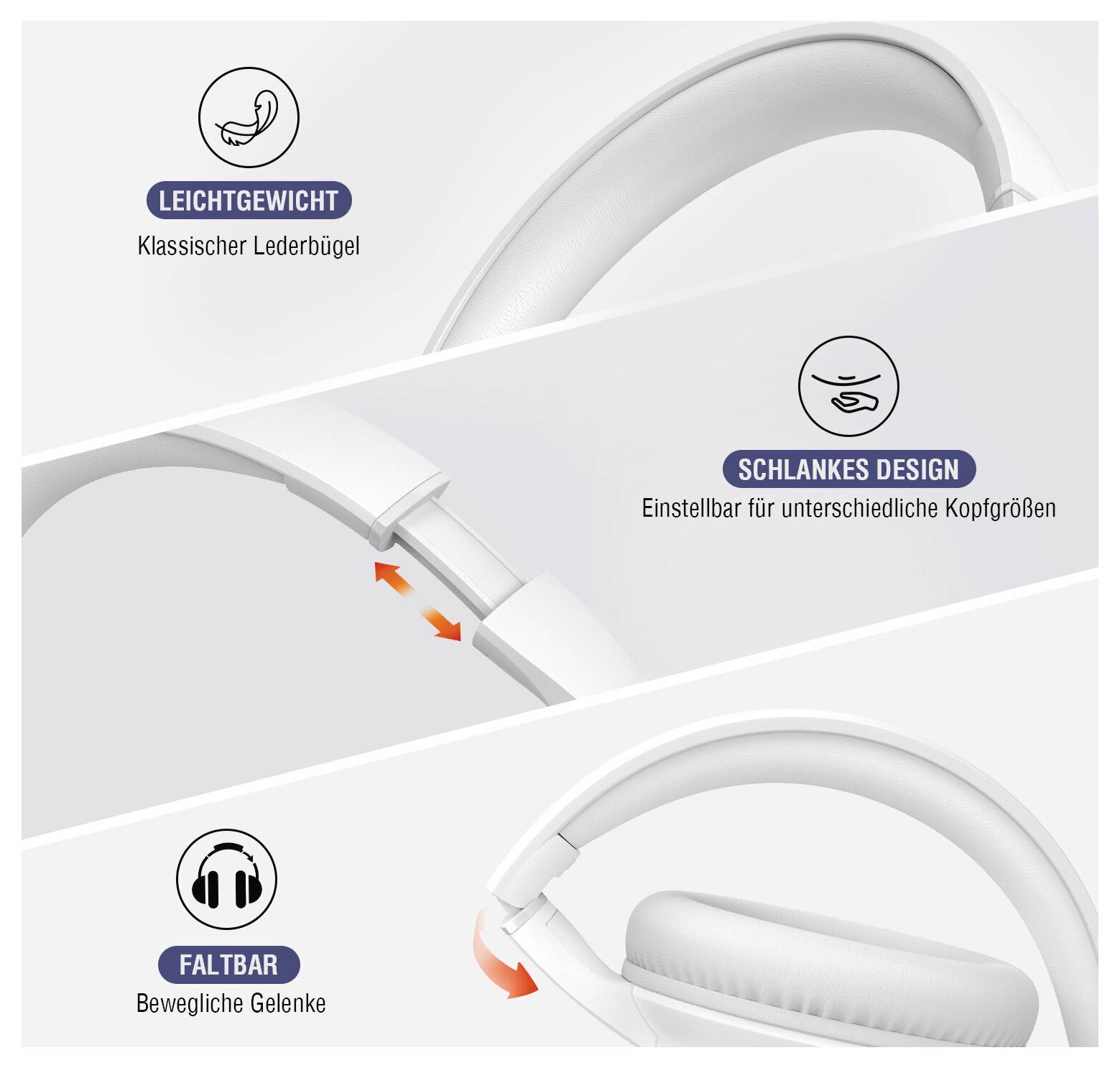 Infografik eines weißen Over-Ear-Kopfhörers mit Hervorhebung des leichten Leder-Kopfbügels, des verstellbaren schlanken Designs und der klappbaren Gelenkgelenke.