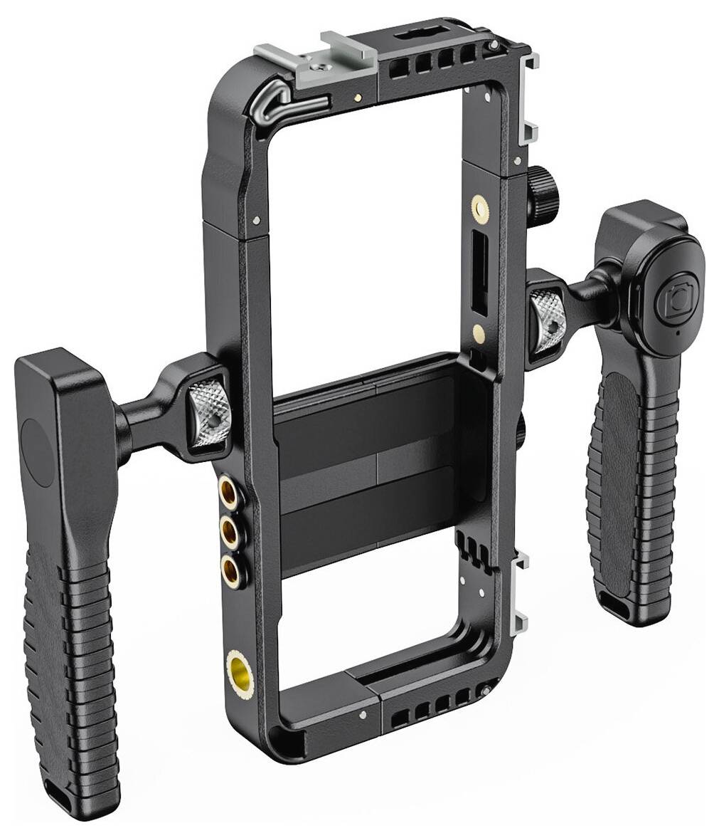 Schwarzer verstellbarer Kamerakäfig/Rig mit dualen Seitengriffen und Befestigungspunkten, gezeigt auf weißem Hintergrund.