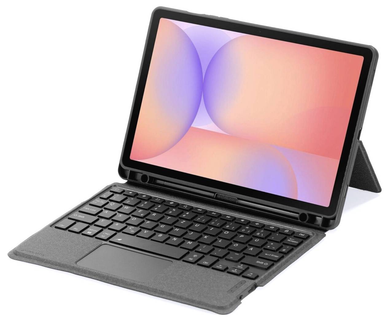 Tablet in einem Tastatur-Folio-Etui mit integriertem Ständer, aufgeklappt vor weißem Hintergrund dargestellt.